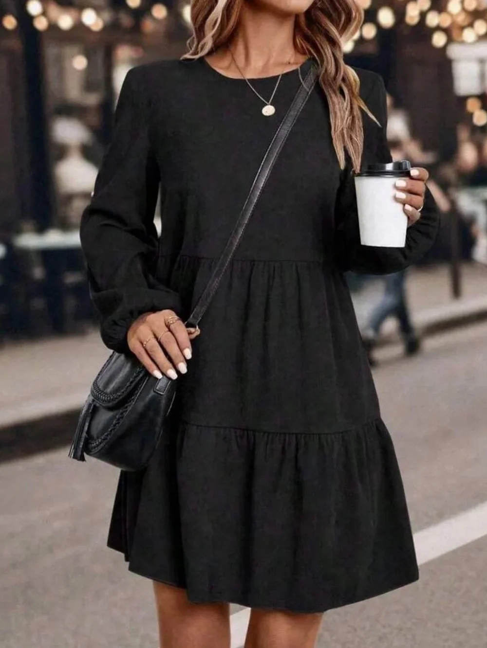Boho black ruffle hem ribbed knit fall dress